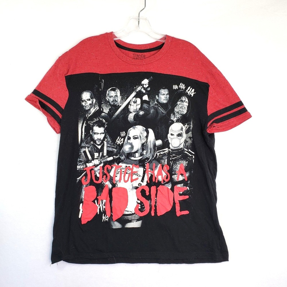 Suicide Squad Graphic‎ T-Shirt Womens L Justice Has A Bad Side Red Black Varsity